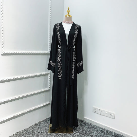 Muslim Solid Color Beaded Middle Eastern Robe Dress