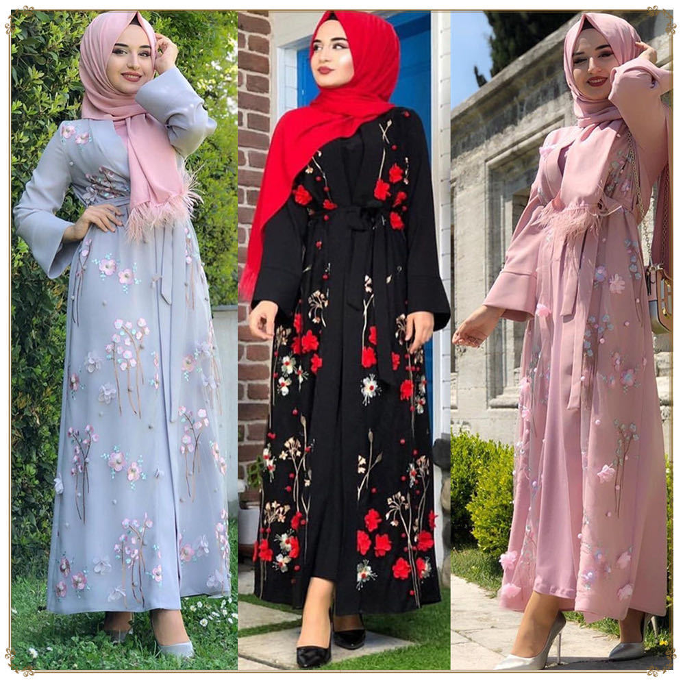 Muslim Print Abaya Kimono Floral Hijab Dress Arabic Dubai Af