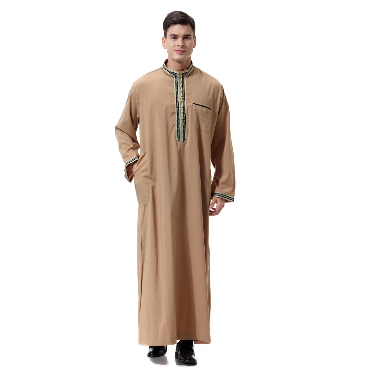 Muslim Arab Middle East Men's Applique Stand Collar Robe /Thobe