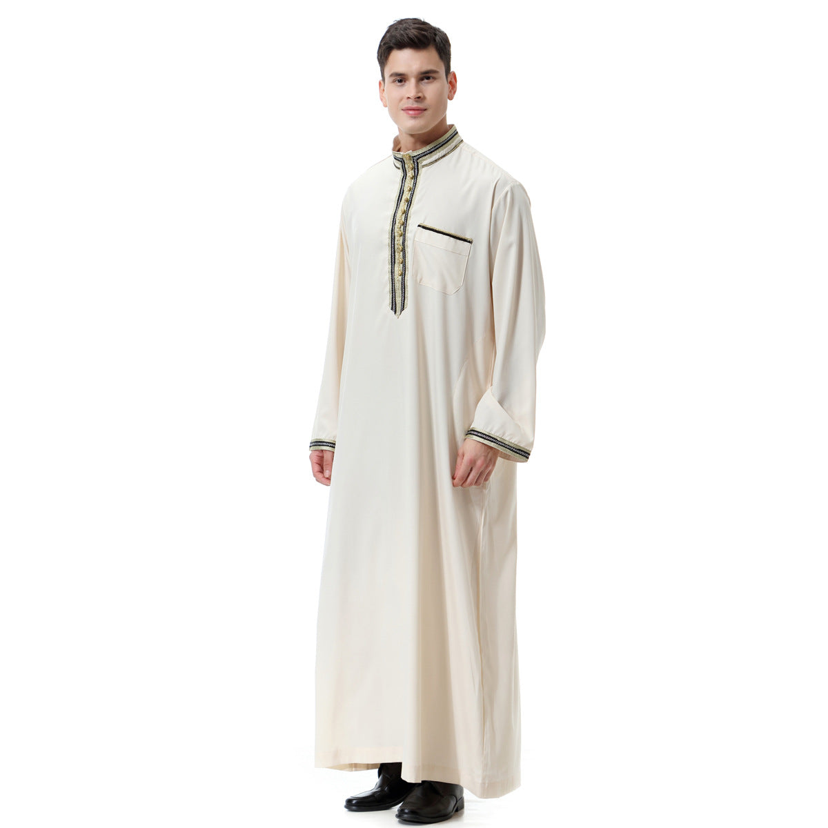 Muslim Arab Middle East Men's Applique Stand Collar Robe /Thobe