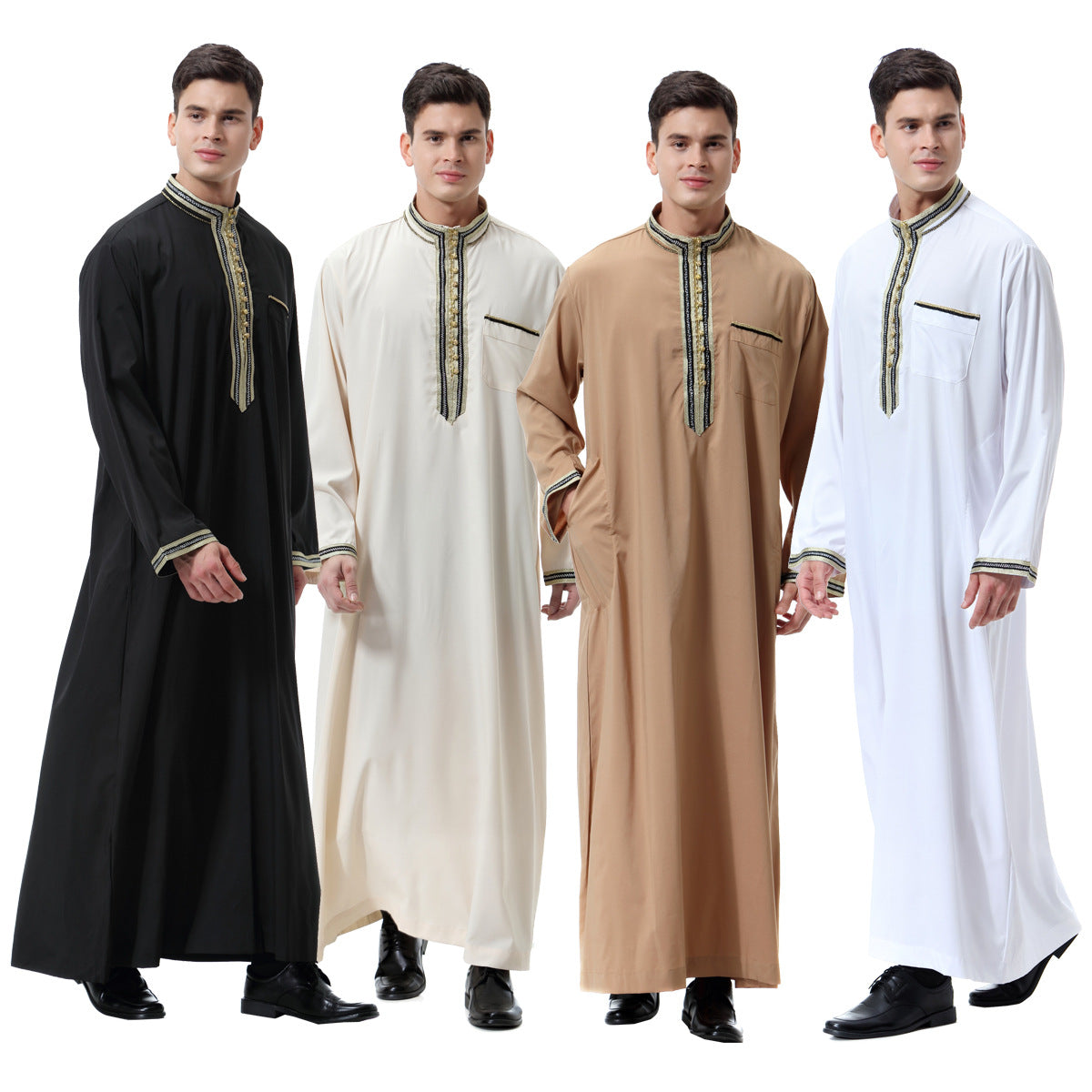 Muslim Arab Middle East Men's Applique Stand Collar Robe /Thobe