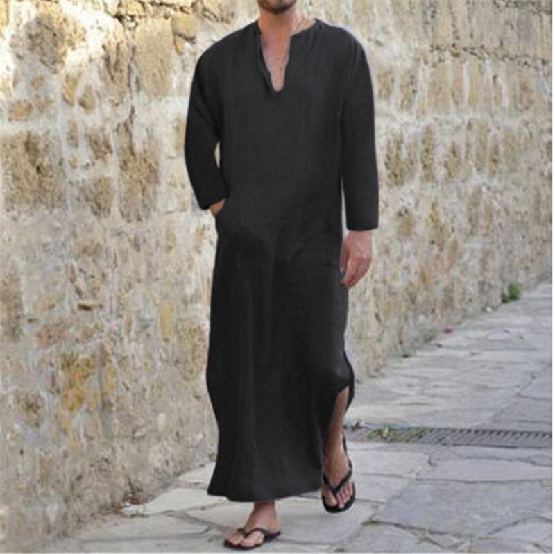 Cotton And Linen Men's V-leg Long-sleeved Gown Ethnic