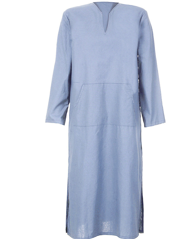 Cotton And Linen Men's V-leg Long-sleeved Gown Ethnic