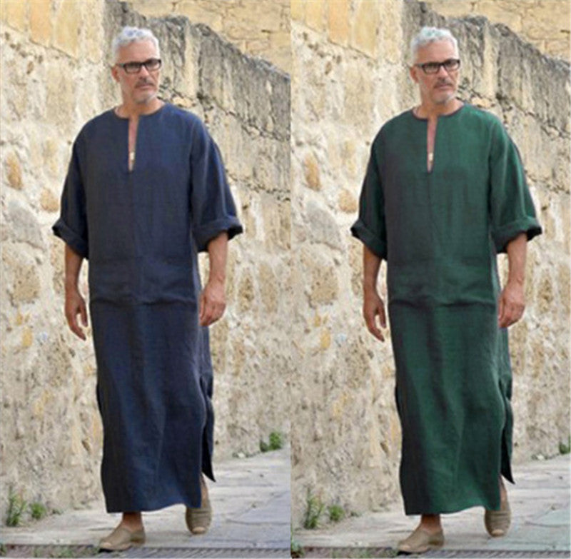 Cotton And Linen Men's V-leg Long-sleeved Gown Ethnic