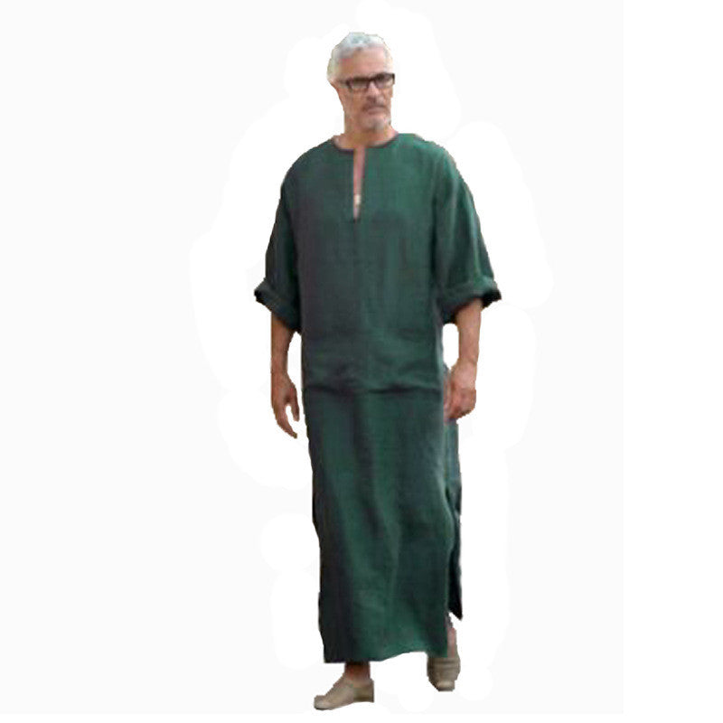 Cotton And Linen Men's V-leg Long-sleeved Gown Ethnic