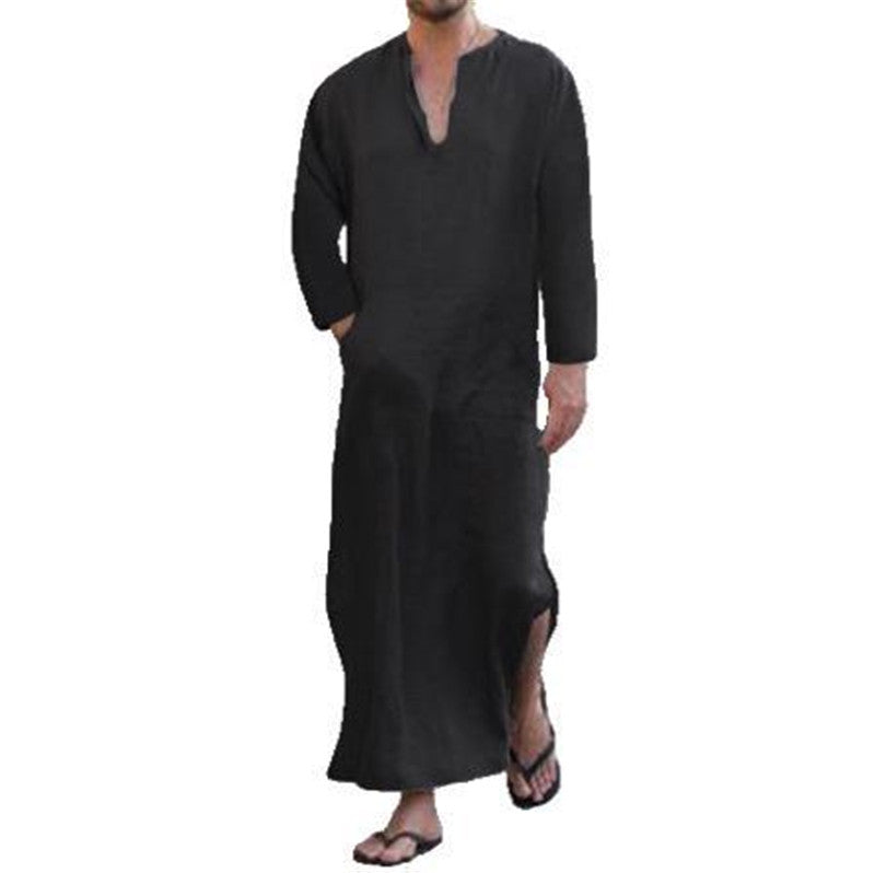 Cotton And Linen Men's V-leg Long-sleeved Gown Ethnic