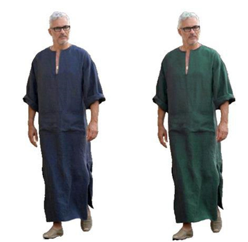 Cotton And Linen Men's V-leg Long-sleeved Gown Ethnic