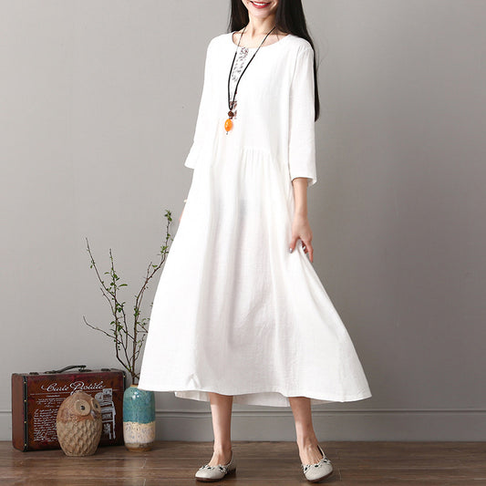 Cotton And Linen Long Dress New Loose Pullover Robe Literary Large Size Ethnic Style Long Skirt