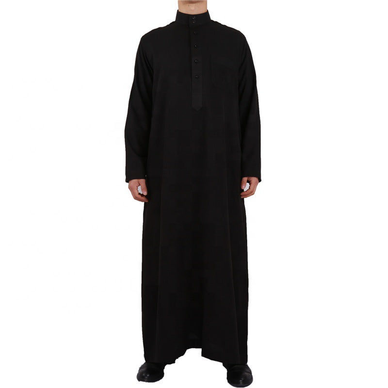 Men'S Qatar Style Cotton And Linen Long-Sleeved Stand-Up Collar Plus Size Arab Robe Middle Eastern Men'S Worship Robe