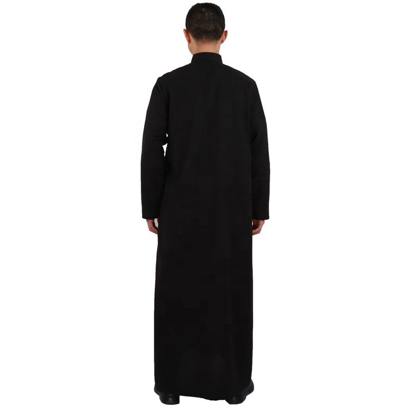 Men'S Qatar Style Cotton And Linen Long-Sleeved Stand-Up Collar Plus Size Arab Robe Middle Eastern Men'S Worship Robe