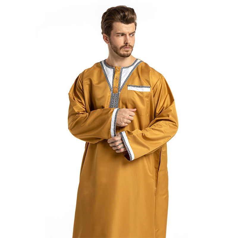 Round Neck Stitching Long-Sleeved Muslim Hui Robe Male