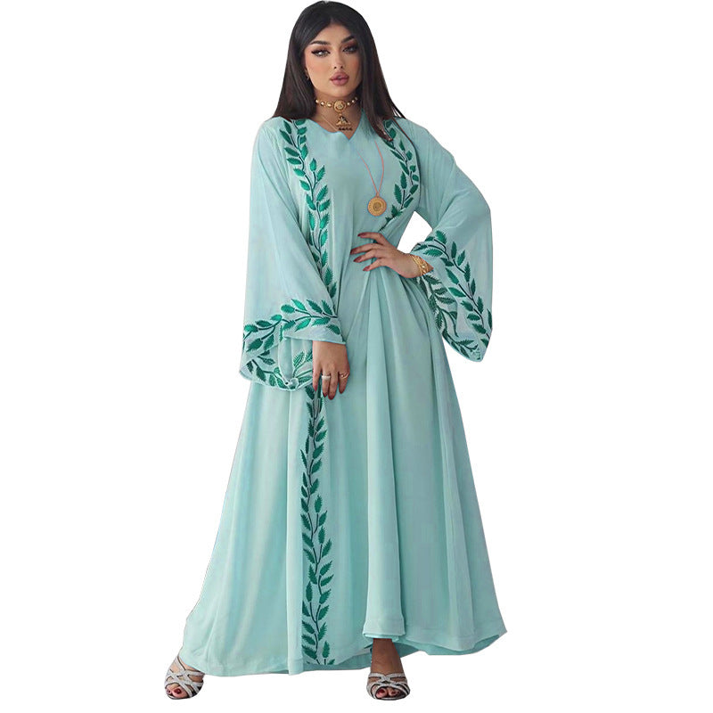 Chiffon Long Muslim Embroidered Crew Neck Dress With Headscarf