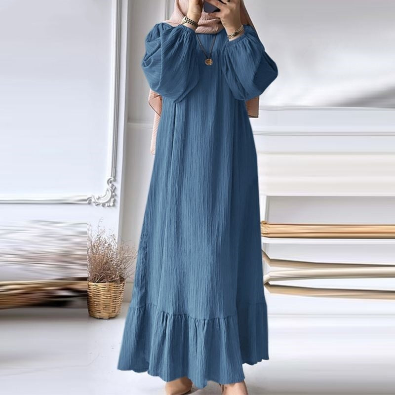 Muslim Women's Wear Robe Vintage Maxi Dress Pure Color Ruffles Hem Dress