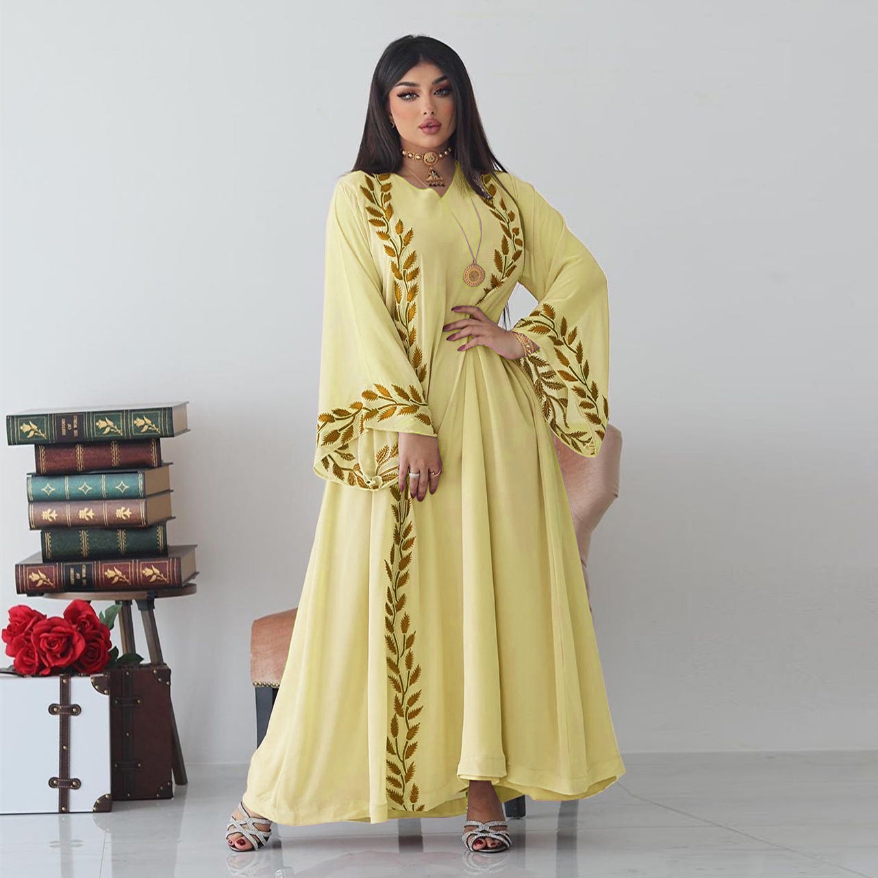 Chiffon Long Muslim Embroidered Crew Neck Dress With Headscarf