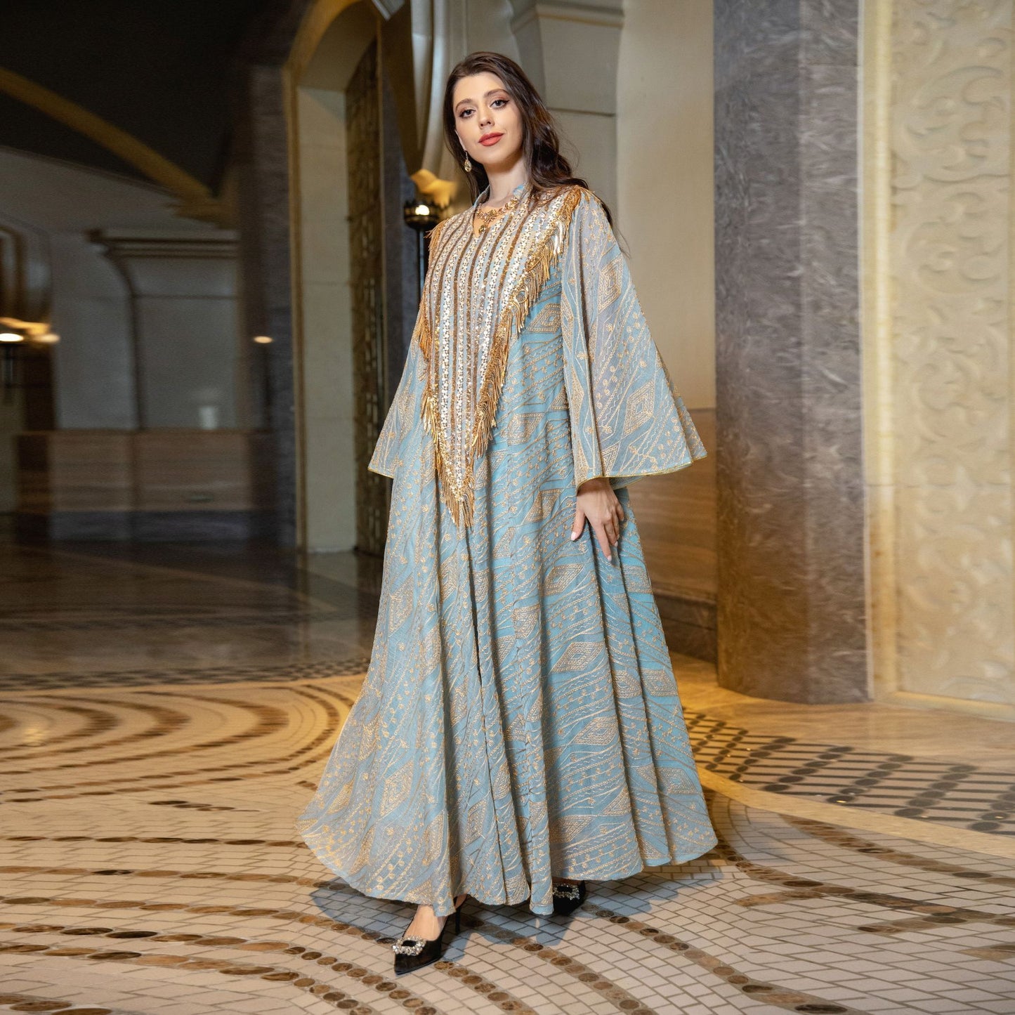 Festival Evening Dress Arabic Dubai Mesh Embroidered Sequins Robe Middle East