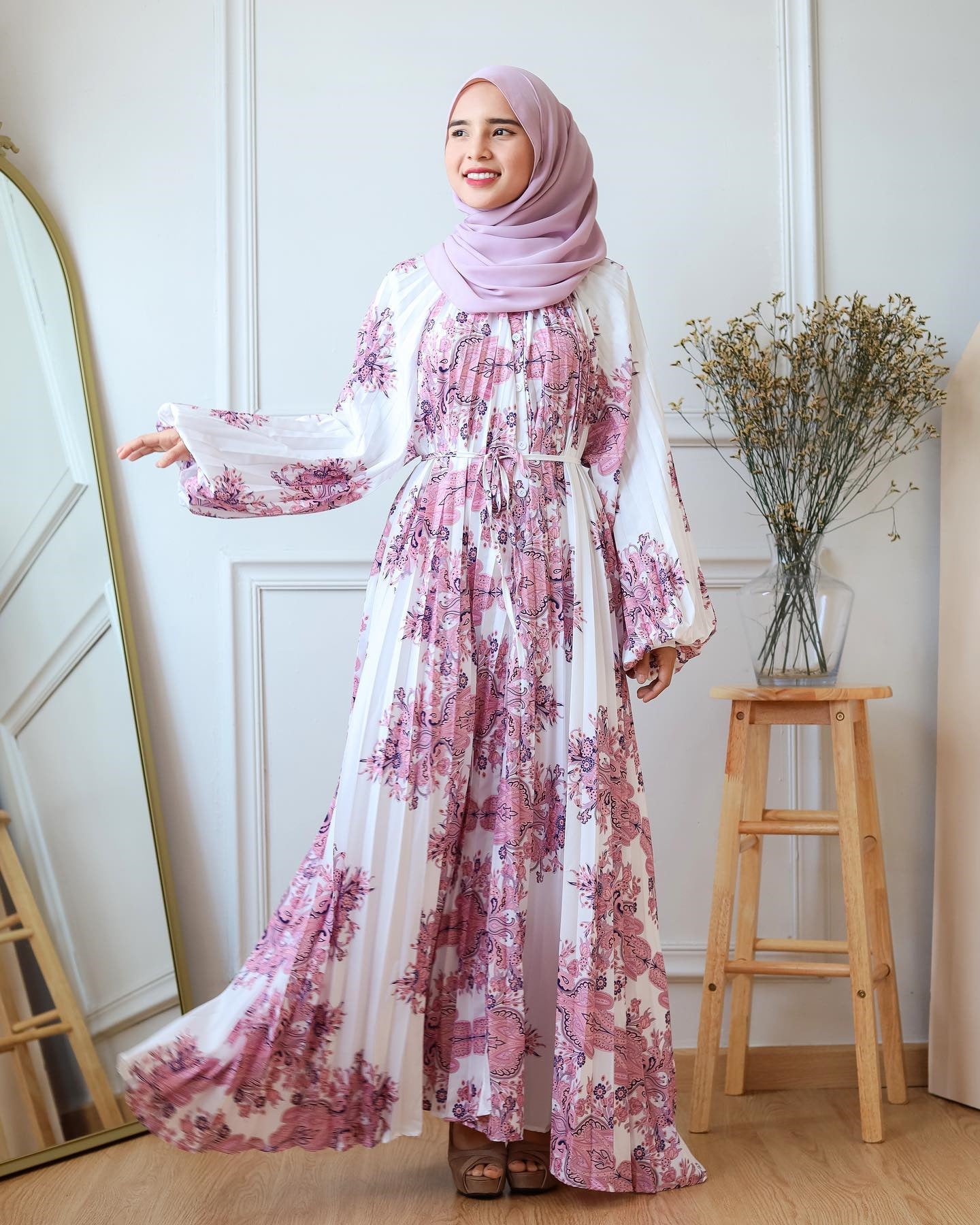 Printed Long Dress Pleated Lantern Sleeve