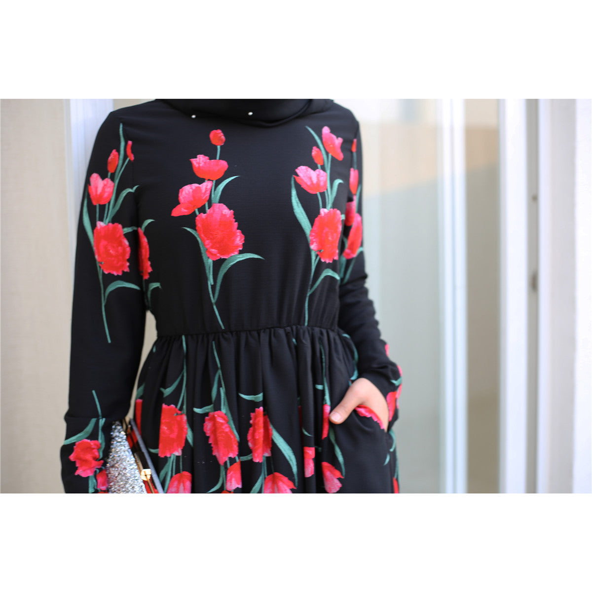 Fashion Rose Print Robe Dubai Dress