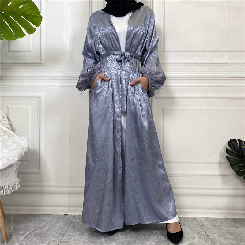 Muslim Clothing Printed Satin Long Sleeve Feather Cardigan