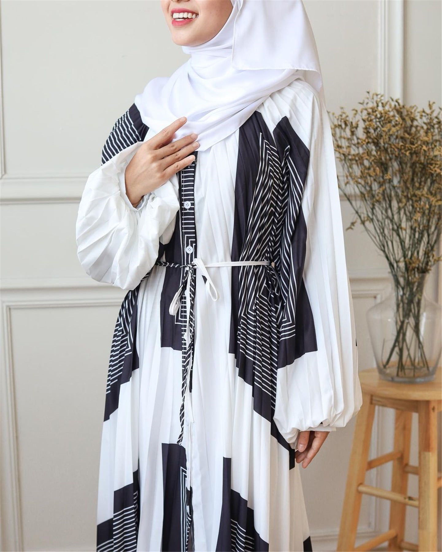 Printed Long Dress Pleated Lantern Sleeve