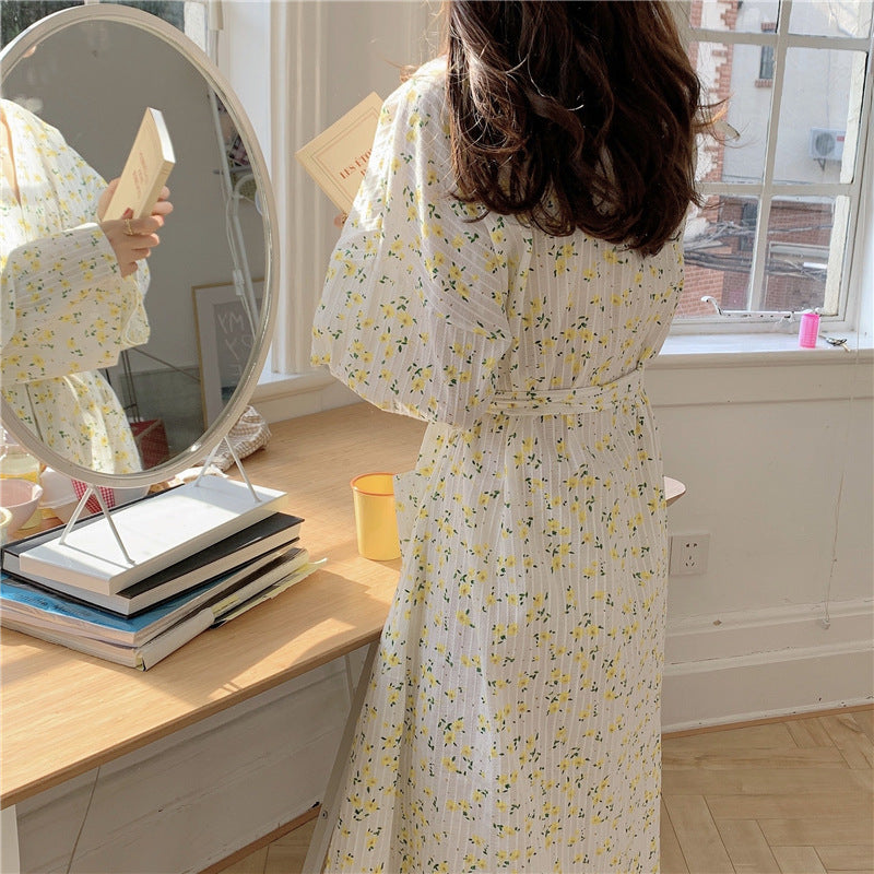 Ladies Cotton Floral Long Sleeve Tie Robe