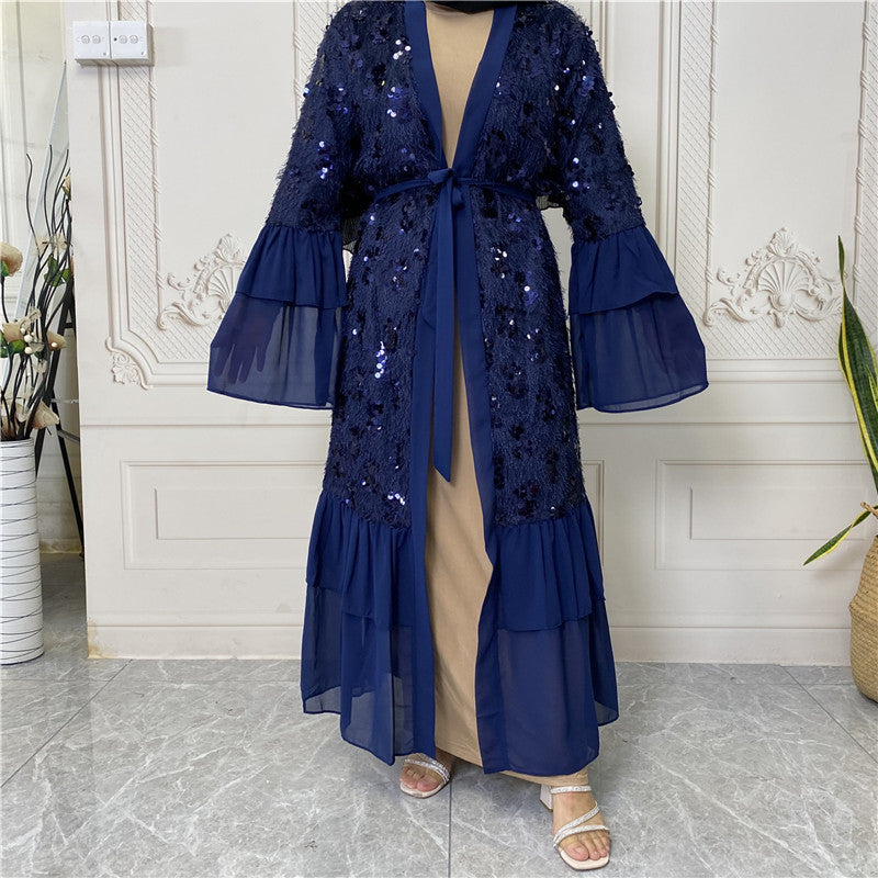 Hot Sale New Sequined Chiffon Bell Sleeve Muslim Cardigan 1737