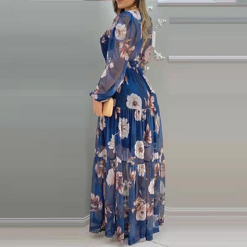 Long Printed V-neck Chiffon Dress