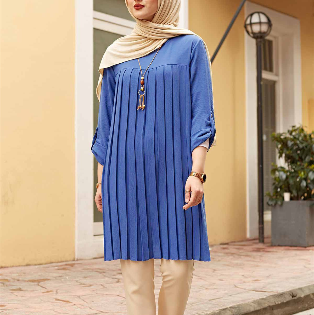 Muslim Women's Wear Casual Pleated Loose Long Sleeve Round Neck Plus Size Top