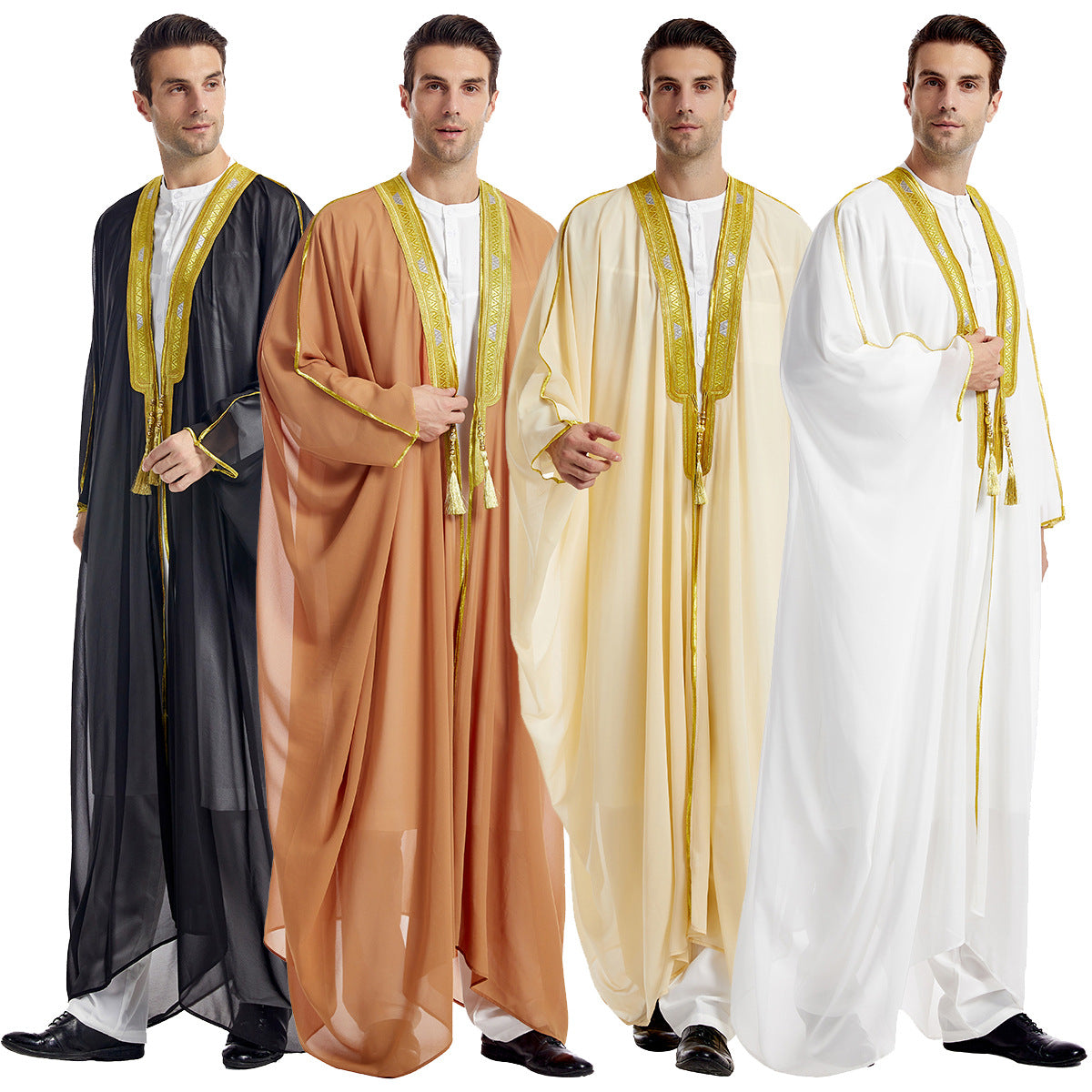 Men's Robe Arabic Embroidered Long Sleeve Tassel Golden Balls Chiffon Shawl