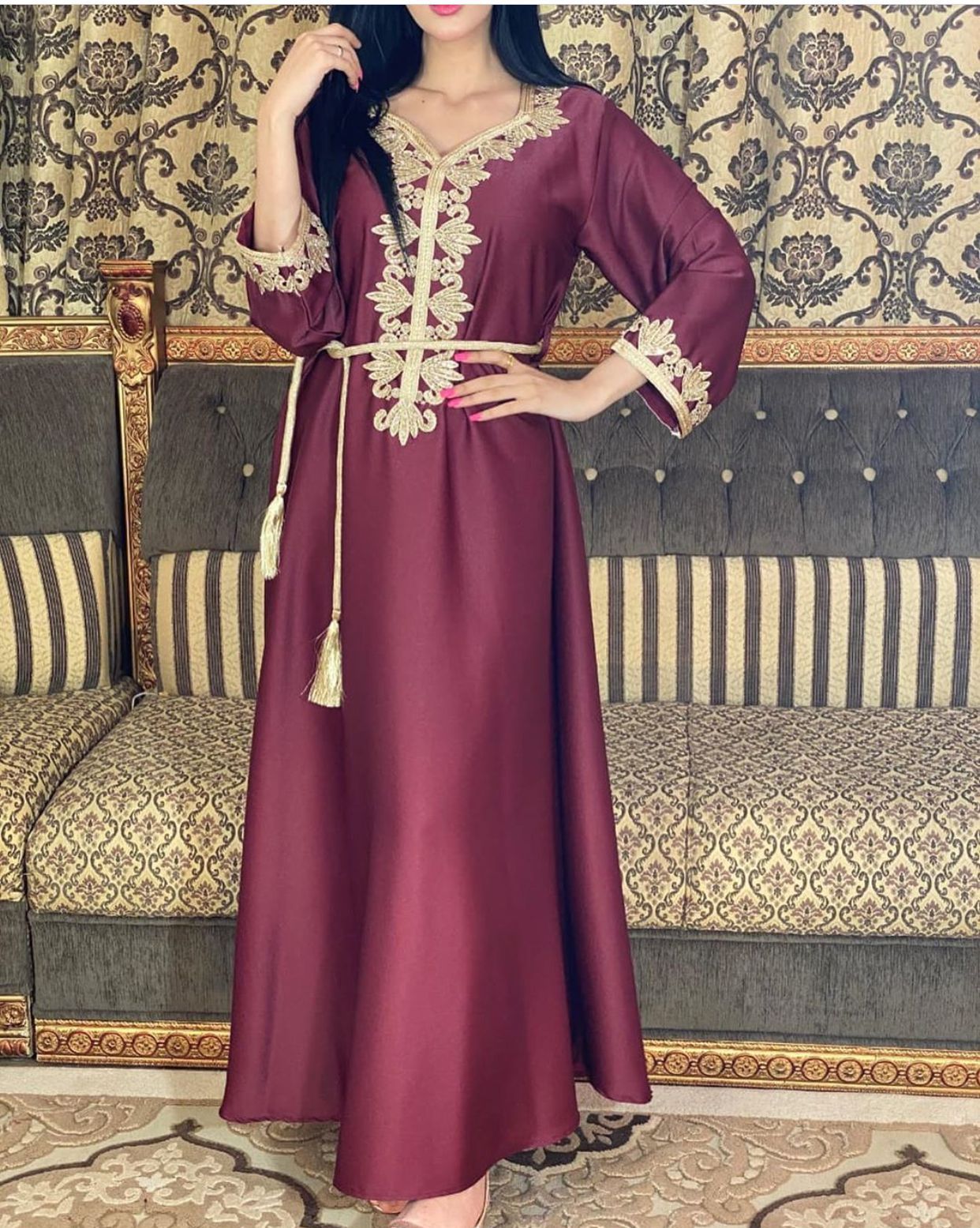 Middle East Dubai Embroidery  Bronzing Lace Jalabiya Dress