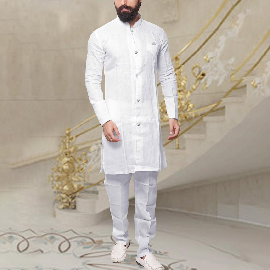 Men Muslim Kurta Pyjama Linen Button