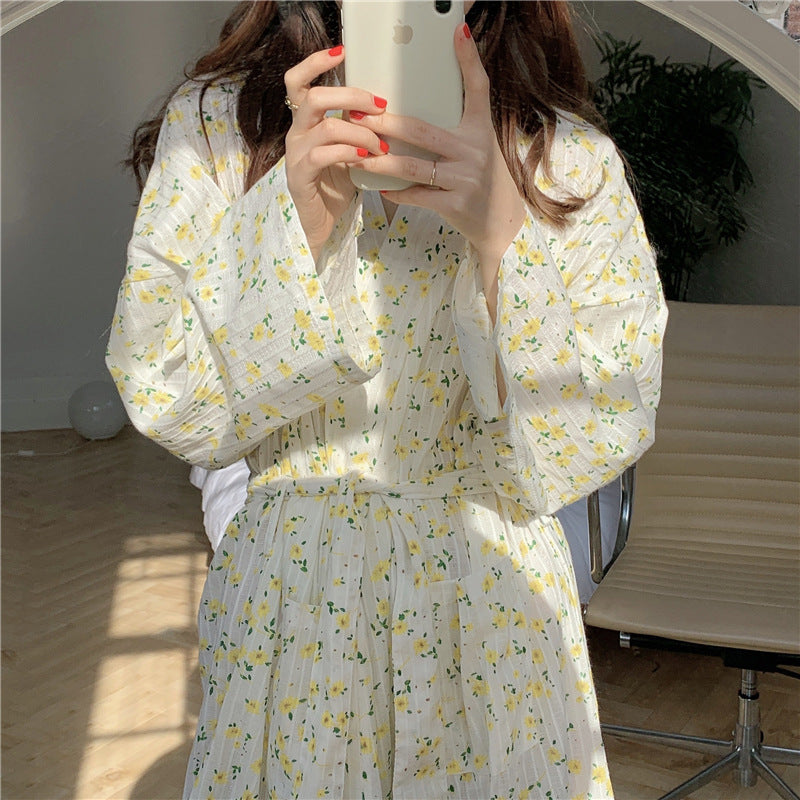 Ladies Cotton Floral Long Sleeve Tie Robe