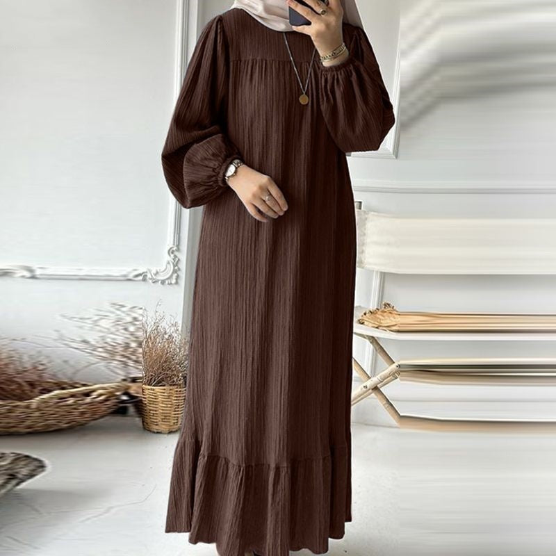 Muslim Women's Wear Robe Vintage Maxi Dress Pure Color Ruffles Hem Dress