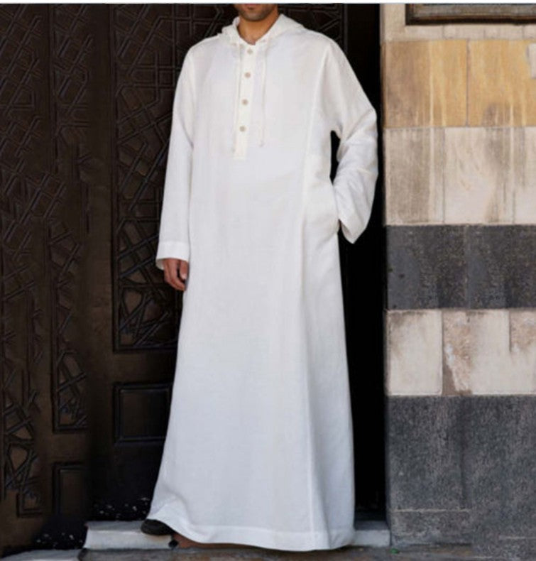 Arab Style Simple Long Men's Hooded thobe Muslim Robe