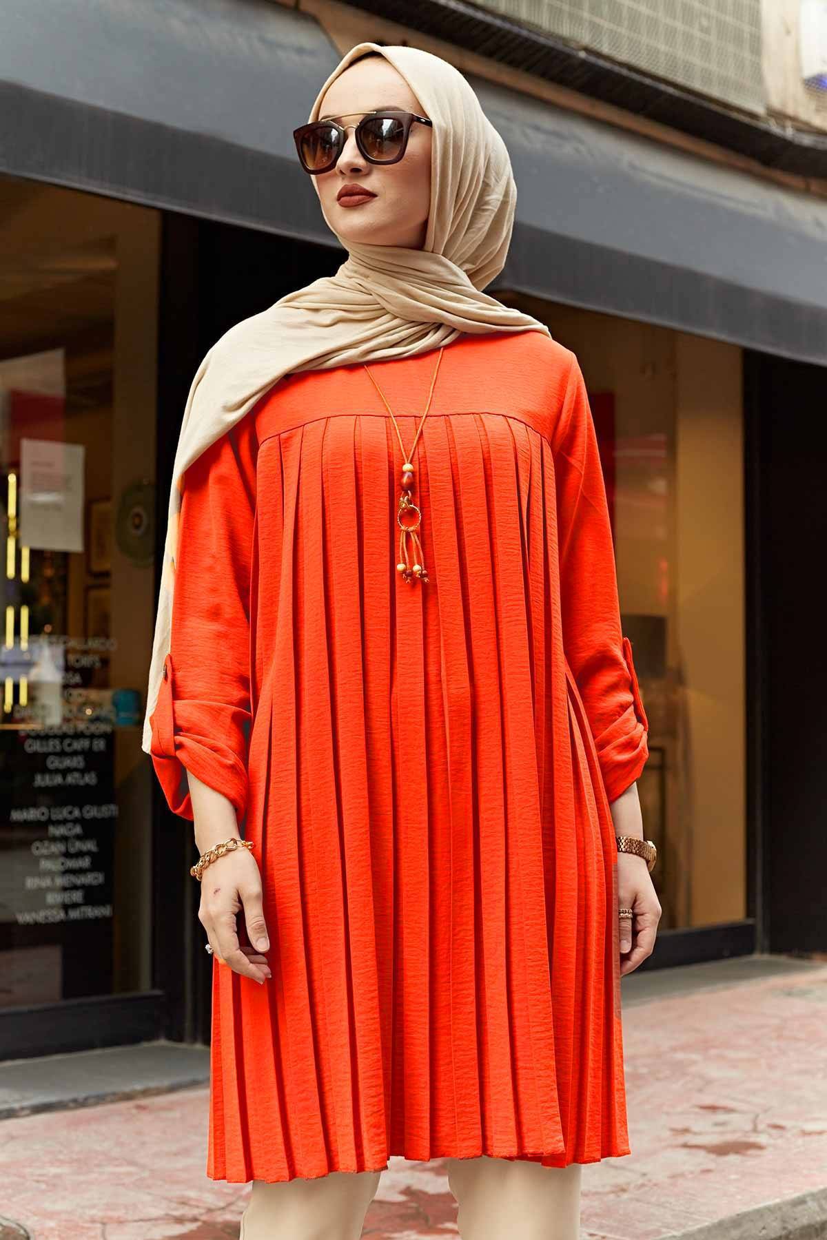 Muslim Women's Wear Casual Pleated Loose Long Sleeve Round Neck Plus Size Top