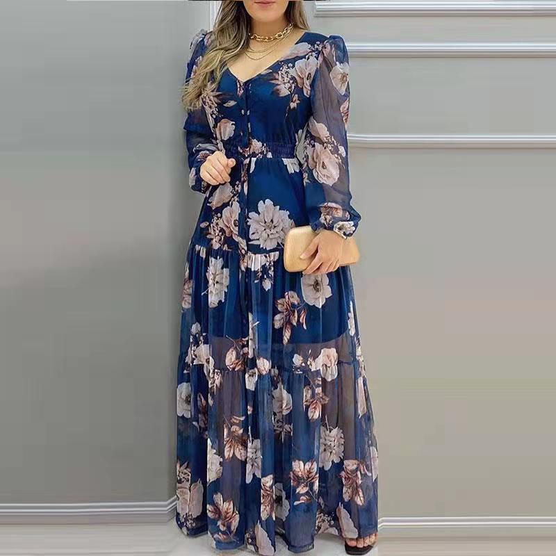 Long Printed V-neck Chiffon Dress