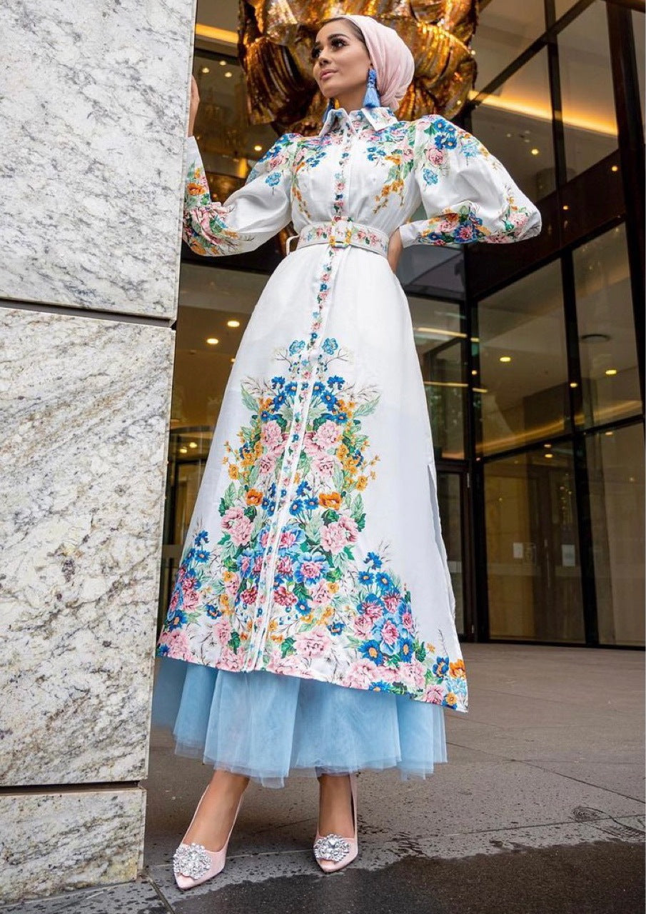 Fashion Puff Sleeves Lapel Robe Arabic Women's Digital Printed Mid Waist Long Dress