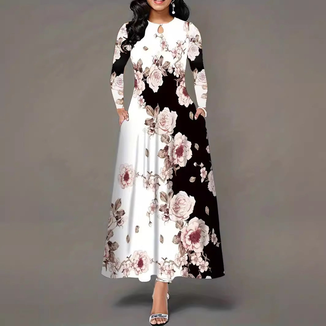 Round Neck Long Sleeve Printed Pocket Waist-controlled Large Hem Dress