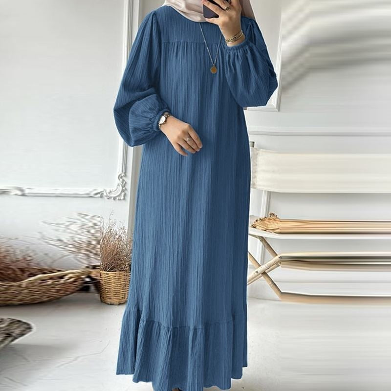 Muslim Women's Wear Robe Vintage Maxi Dress Pure Color Ruffles Hem Dress