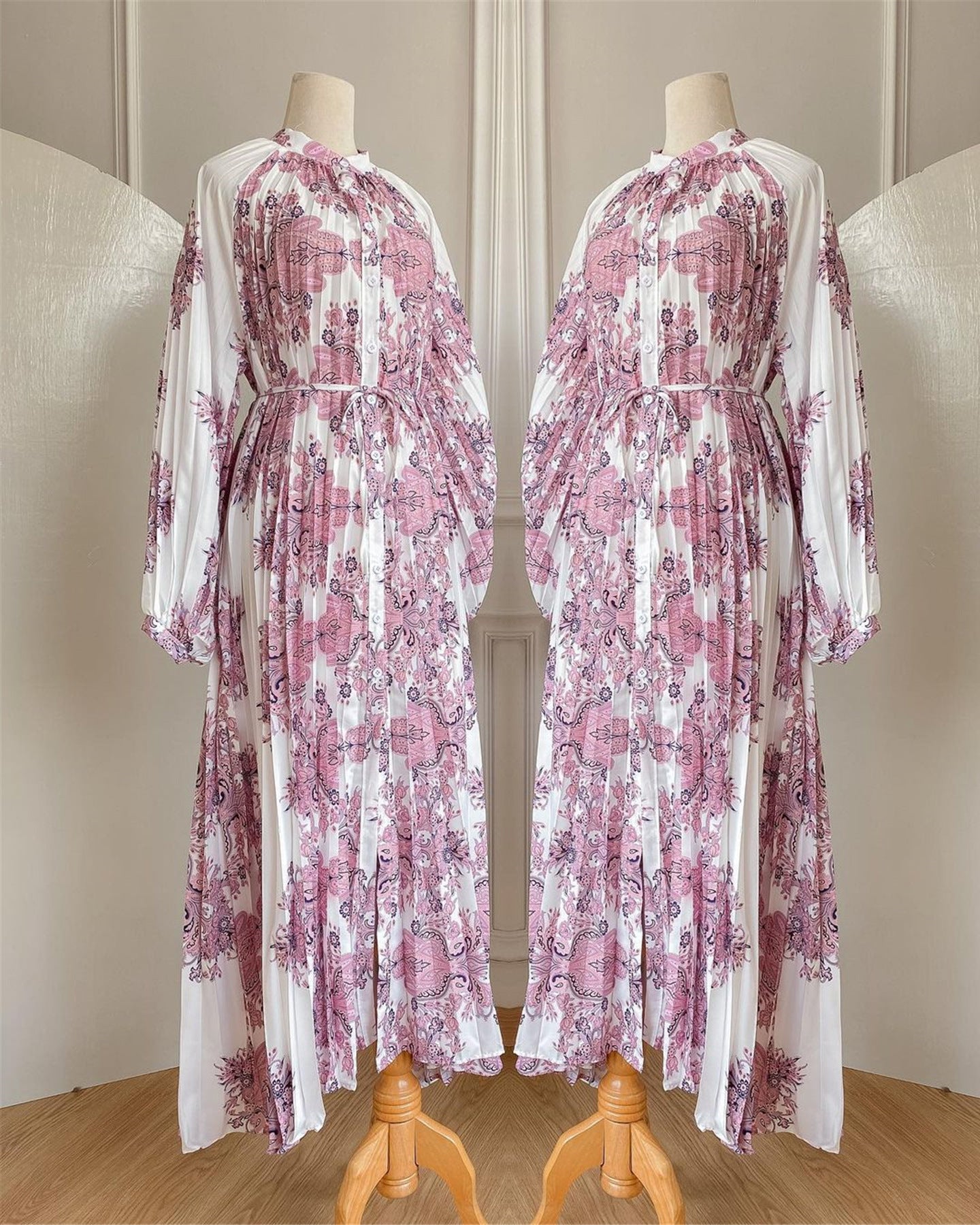 Printed Long Dress Pleated Lantern Sleeve