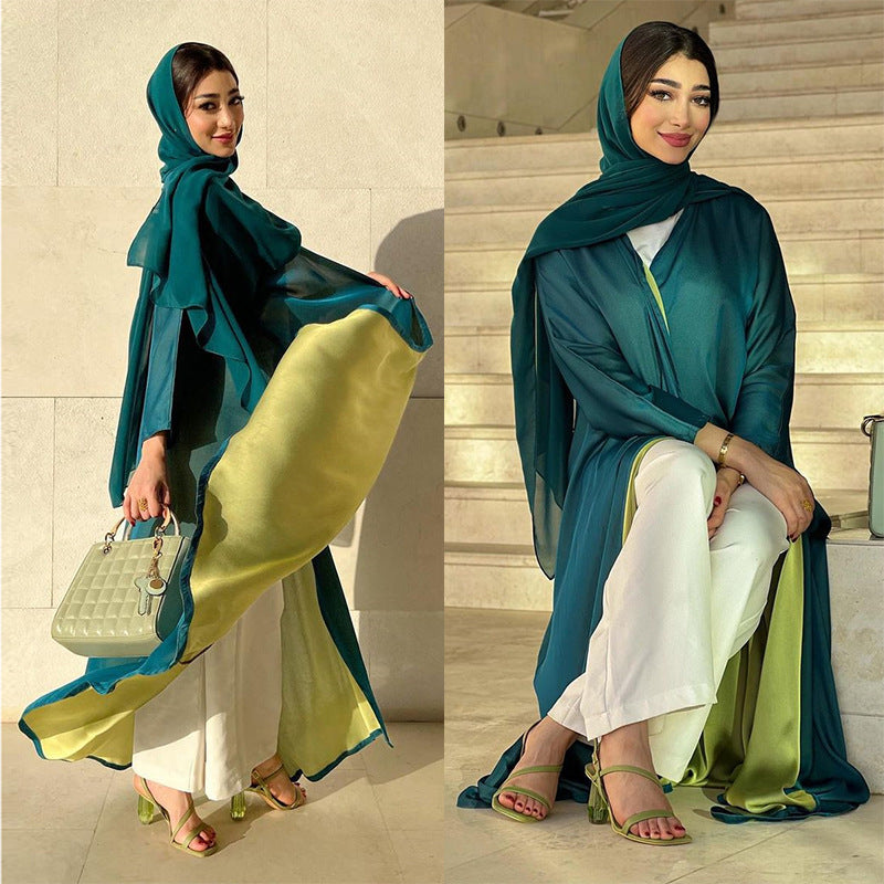 Multi-color Coat Dubai Arabic Chiffon Dress Solid Color Robe