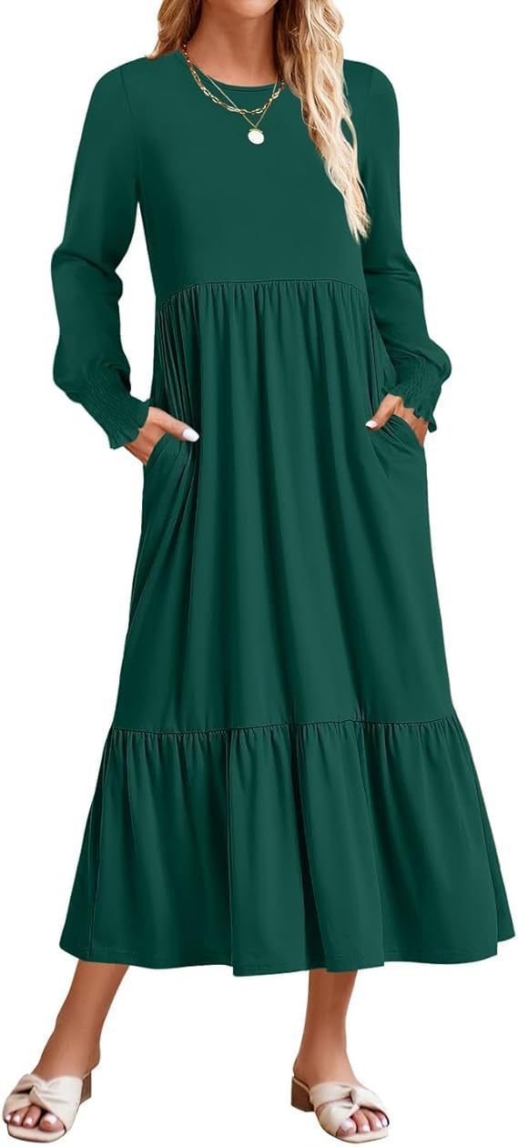 Women's Smocking Long Sleeve Round Neck Mid-length Dress