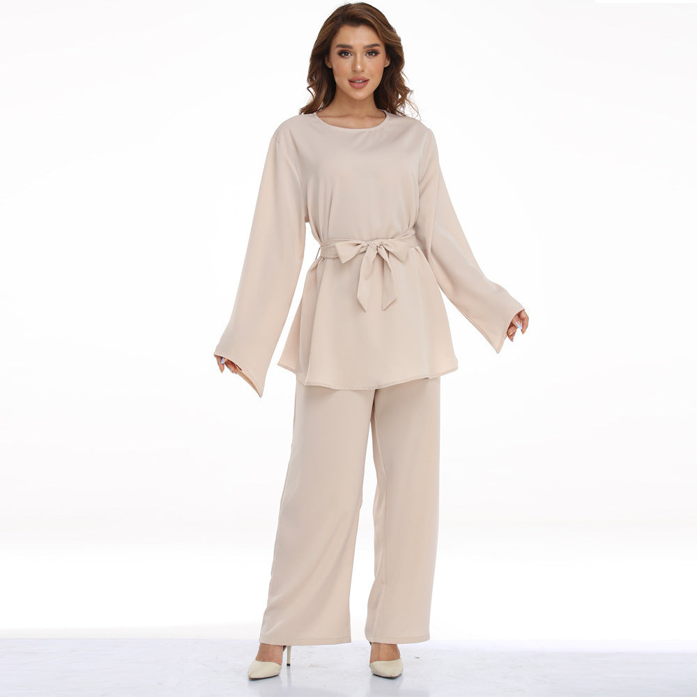 European And American Plus Size Women's Clothes Muslim Robe Lace-up Dress Two-piece Set