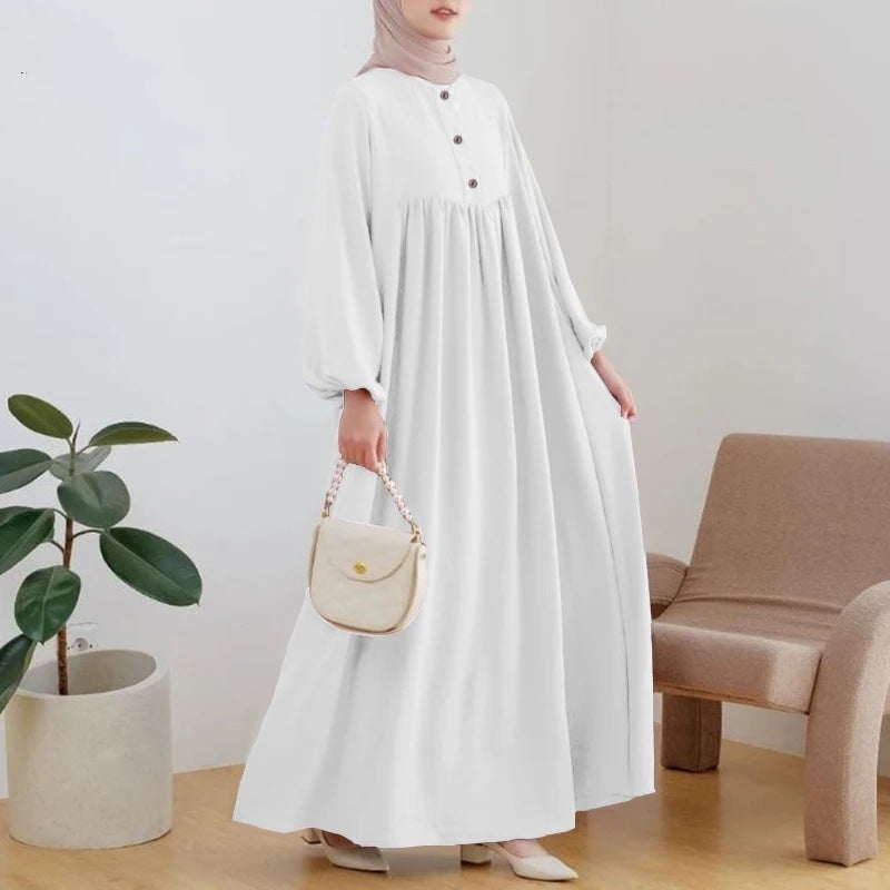 Muslim Robe Casual Lantern Sleeve Simple Solid Color Dress