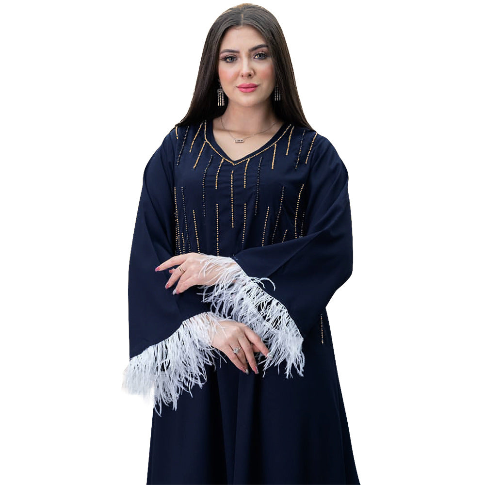 Ethnic Style Diamond Feather Cuffs Dress