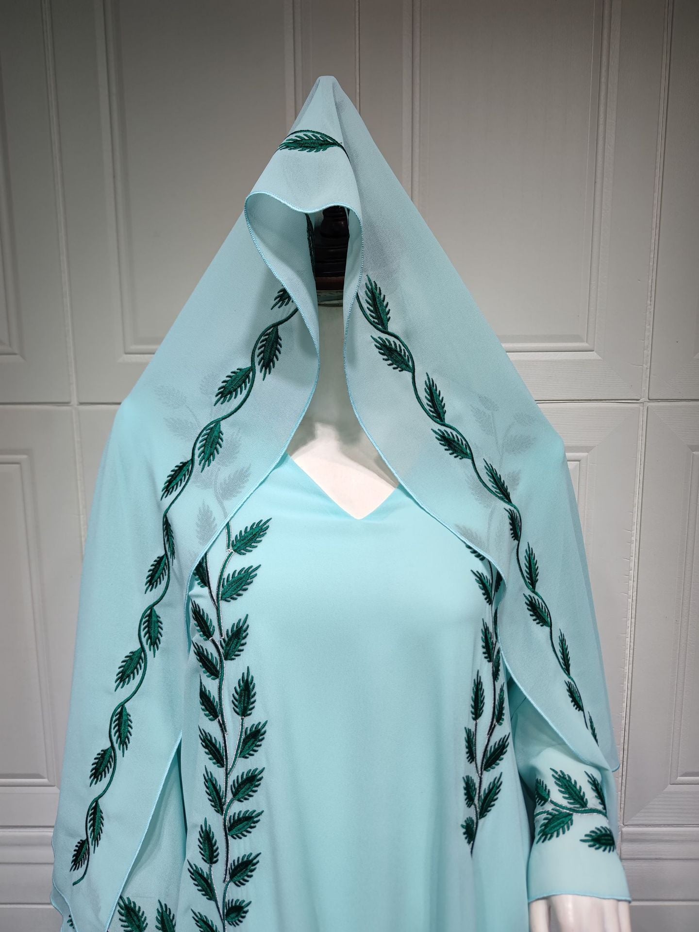 Chiffon Long Muslim Embroidered Crew Neck Dress With Headscarf