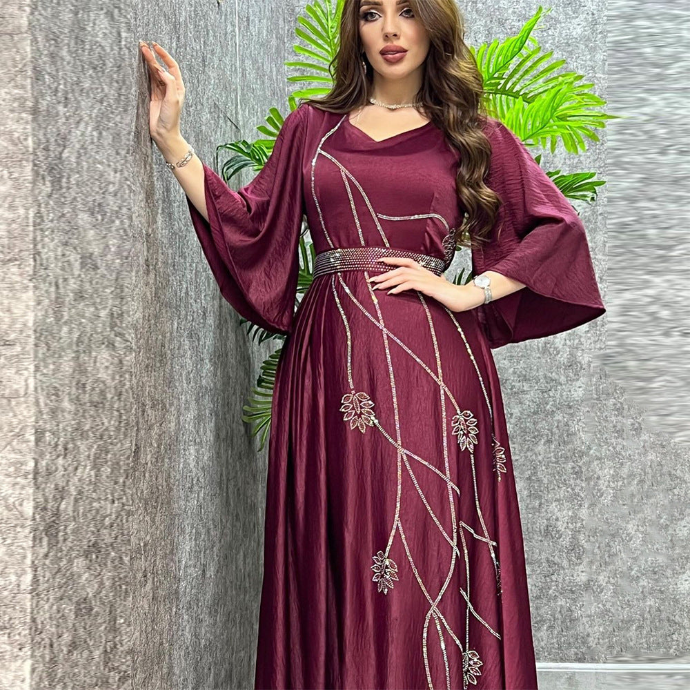 Muslim Leaves Pattern Rhinestone Belt Dubai Robe Gown