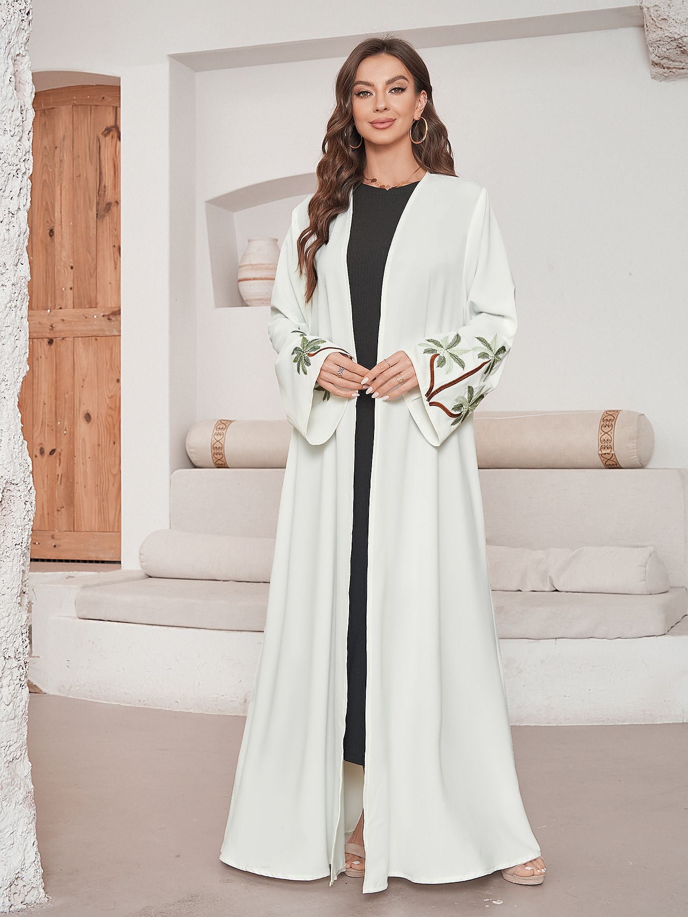 Elegant Long Sleeve Cardigan Embroidered Dress Robe