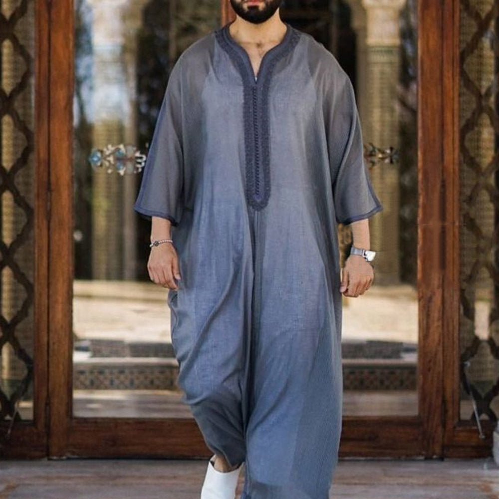 Thin Youth Linen Gray Cotton Linen Loose Casual Muslim Robe