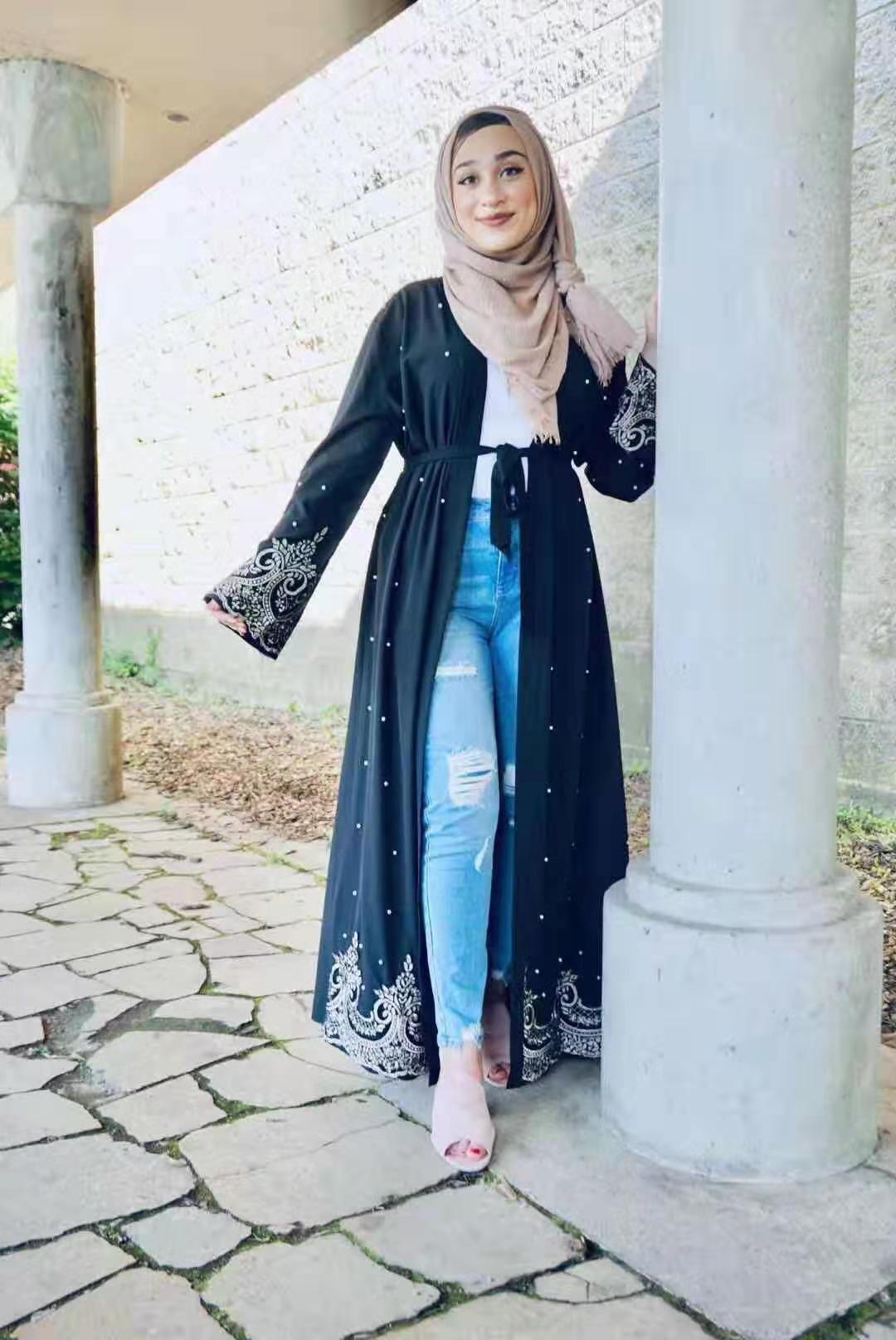 Long Sleeved Embroidered Beaded Robe Arabic Long Cardigan