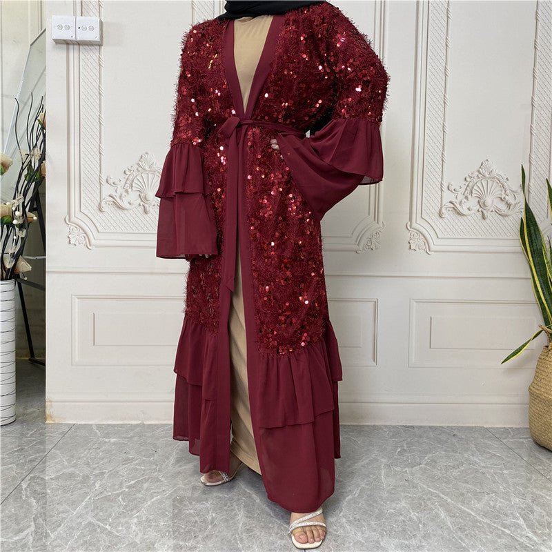 Hot Sale New Sequined Chiffon Bell Sleeve Muslim Cardigan 1737